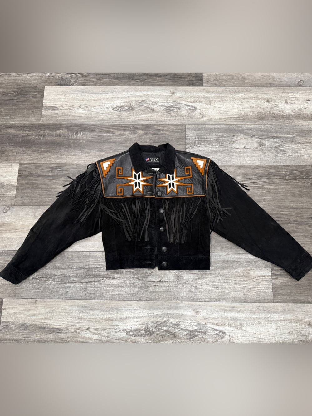 Vintage Black Suede Fringe Bomber Jacket with Embroidered Yoke